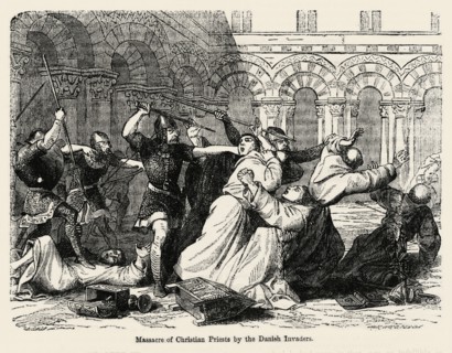 Massacre of Christian Priests by the Danish Invaders, Illustration from John Cassell's Illustrated History of England, Vol. I from the earliest period to the reign of Edward the Fourth, Cassell, Pette...