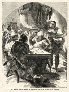At a Banquet given by Harold, he receives the News of the Invasion of the Normans, Illustration from John Cassell's Illustrated History of England, Vol. I from the earliest period to the reign of Edwa...