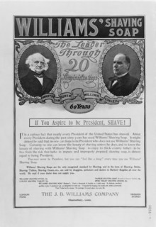 Advertisement for Williams' Shaving Soap showing head and shoulder portraits of U.S. Presidents Martin Van Buren and William McKinley, P.F. Collier & Son, March 16, 1901