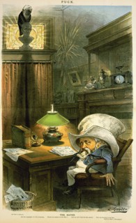 "The Raven" Political Cartoon featuring U.S. President Benjamin Harrison who was at odds with Secretary of State James G. Blaine over proposed McKinley Tariff, Artwork by J. Keppler, Puck Magazine, Au...