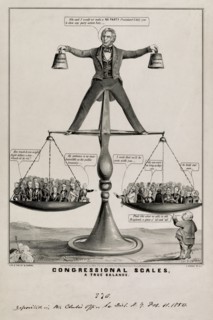 Congressional Scales, a True Balance, Satire on U.S. President Zachary Taylor's attempts to Balance Southern and Northern Interests on the Question of Slavery, Lithograph, Nathaniel Currier, 1850