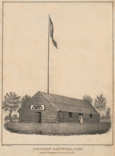 Log Cabin, Hartford, Conn., Dedicated to Gen. William H. Harrison, July 4th, 1840, Lithograph, D.W. Kellogg, 1840