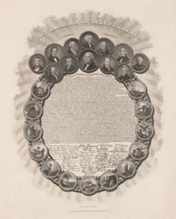 Declaration of Independence, in Congress July 4th 1776, Text and Signatures within Wreath of Portraits of First Twelve U.S. Presidents and Scenes Representing Thirteen Colonies, Engraved by Geo. G. Sm...