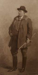U.S. President Theodore Roosevelt, full-length Portrait, Standing and Holding Horse Whip, Painting, Gari Melchers, Detroit Publishing Company, 1908