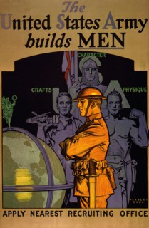 Soldier Standing in Front of Three Men Symbolizing Crafts, Character, and Physique, "The United States Army Builds Men, Apply Nearest Recruiting Office", U.S. Army Recruitment Poster, Herbert Andrew P...