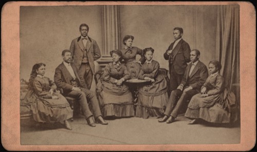 Group Portrait of Fisk University Jubilee Singers, with (from l. to r.) Minnie Tate, Greene Evans, Isaac Dickerson, Jennie Jackson, Maggie Porter, Ella Sheppard, Thomas Rutling, Benjamin Holmes, and E...