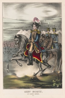 Genl. Scott at Cerro Gordo, General Winfield Scott, Full-length Portrait, Wearing Military Uniform, Riding on Horseback with Soldiers in Background, Battle of Cerro Gordo, Mexico, Lithograph, E.B. & E...