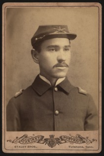 Head and Shoulders Portrait of Buffalo Soldier, African American Officer, Lt. 1st Infantry, Four-Button Sack Coat and Hat, Cabinet Card, Staley Bros., William A. Gladstone Collection of African Americ...