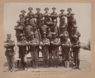 Group Portrait of African American Soldiers in Co. E, 9th United States Volunteer Infantry who fought in the Spanish-American War, by L. Leland Barton, 1899