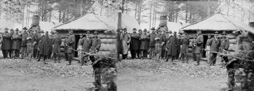 Generals George G Meade, John Sedgwick and Robert O. Taylor with Staff Officers at Horse Artillery Headquarters, Brandy Station, Virginia, Stereo Card, February 1864