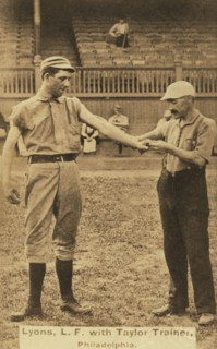 Harry Lyons, with Trainer Billy Taylor, Philadelphia Quakers, Baseball Card Portrait, Charles Gross & Co., 1887