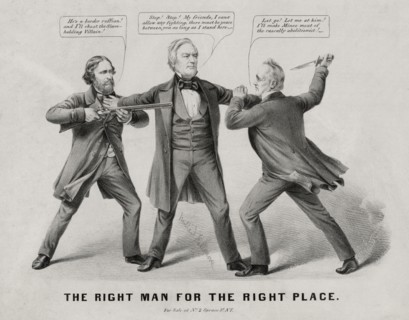 "the Right Man for the Right Place", Political Cartoon featuring U.S. Presidential Candidates John C. Fremont, Millard Fillmore & James Buchanan, Nathaniel Currier, 1856