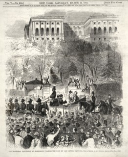 The inaugural procession at Washington passing the gate of the Capitol grounds - from a sketch by our special artist, Engraving, Harper's Weekly, March 16, 1861