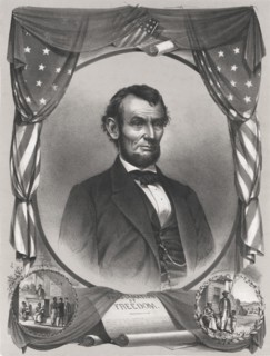 Abraham Lincoln, Head and Shoulders Portrait, with Vignettes Showing Slave Auction, and Emancipated Slaves, Sheet of Paper Labeled "Proclamation of Freedom.", Published by J. Gibson, 1865