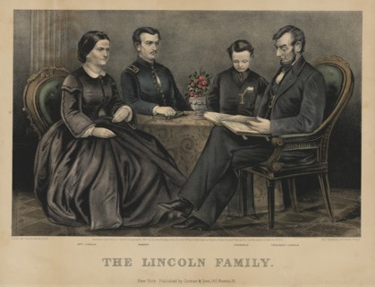 The Lincoln Family, from Left Mary Todd Lincoln, Robert Lincoln, Thomas Lincoln, Abraham Lincoln, Lithograph by Currier & Ives, 1867