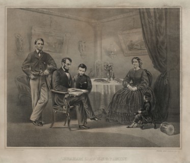 Abraham Lincoln and Family, from left Robert Lincoln, Abraham Lincoln, William Lincoln, Mary Todd Lincoln, Thomas Lincoln, drawn by H.A. Thomas, Published by William C. Robertson, 1865