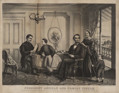 President Lincoln and Family Circle, from left Robert Lincoln, William Lincoln, Abraham Lincoln, Mary Todd Lincoln, Thomas Lincoln, Engraved by J.L. Giles, Published by Lyon & Co., 1867