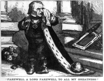 "Farewell, a Long Farewell, to all my Greatness", Caricature showing Andrew Johnson, dressed as a King, Crying, Illustration, Harper's Weekly Magazine, USA, March 13, 1869