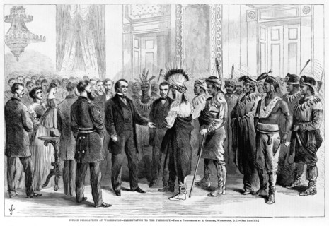Indian Delegations at Washington, Presentation to the President, February 23, 1867, Engraving from a Photograph by A. Gardner, Washington, DC, Harper's Weekly, March 16, 1867