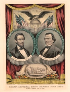 Campaign Banner for the Republican Ticket in 1864 Presidential Election featuring Head and Shoulders Portraits of U.S. President Abraham Lincoln (left) and Andrew Johnson (right), "Grand National Unio...