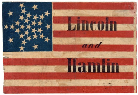Campaign Banner Consisting of an American Flag Pattern, with Thirty-one Stars, Printed on Fabric with the Words "Lincoln and Hamlin", by H.C. Howard, July 1960