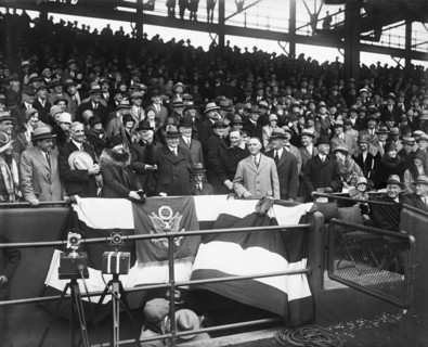U.S. President Herbert Hoover Throwing out First Pitch during Opening Day of Baseball Season, Griffith Stadium, Washington DC, USA, Harris & Ewing, April 17, 1929
