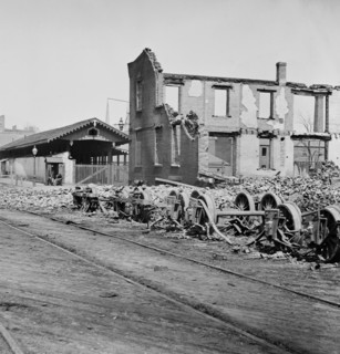 Wheels and burned railroad cars near Richmond & Petersburg Railroad station, American Civil War, Richmond, Virginia, USA, 1865
