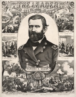 Ulysses S. Grant, Lieutenant-General, USA, Head and Shoulder Portrait, Wearing Military Uniform, with Scenes of Battles from American Civil War, Published by Haasis & Lubrecht, 1866