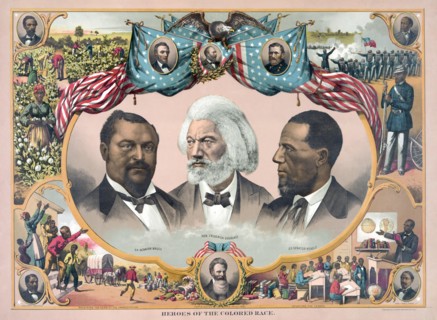 "Heroes of the Colored Race", Featuring Blanche Kelso Bruce, Frederick Douglass, and Hiram Rhoades Revels, Chromolithograph, Published by J. Hoover, Philadelphia, 1881