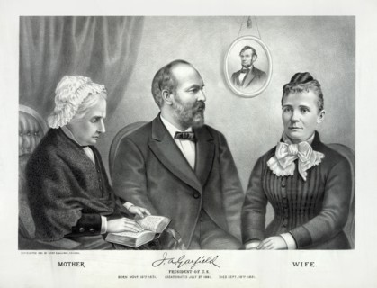 James A. Garfield, President of the United States, Seated Portrait with Mother (left) and Wife (right), Lithograph, Kurz & Allison, 1881