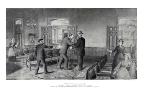 Scene of the Assassination of Gen. James A. Garfield, President of the United States, Lithograph, W.T. Mathews, 1881
