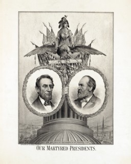 Our Martyred Presidents, portraits of Abraham Lincoln and James Garfield in Oval Wreaths held by an Eagle, Lithograph, M.J. Scanlon, 1881