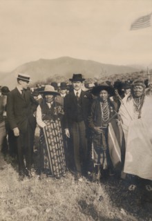 Secretary of the Interior, James Rudolph Garfield, his son with Chief Carlos and his son, Flathead Indian Reservation, Montana, USA, Photograph by Edward H. Boos, 1907