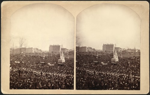 Crowd attending Inauguration of U.S. President Rutherford B. Hayes, East Front Grounds of U.S. Capitol Building surrounding Horatio Greenough's statue of George Washington, Washington DC, USA, Stereog...