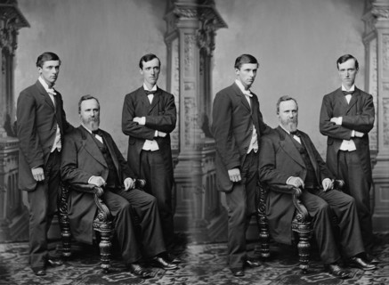 U.S. President Rutherford B. Hayes (center) with his two older sons, (left to right) Webb Cook Hayes and Birchard Austin Hayes (eldest son), Full Length Portrait, Brady-Handy Collection, 1870's