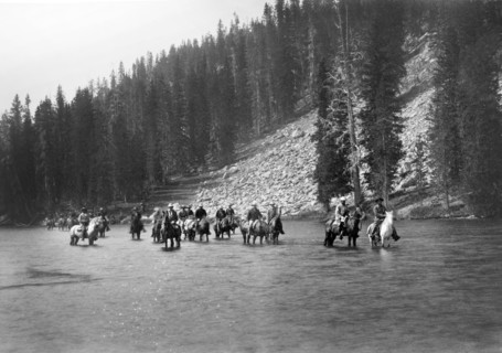 U.S. President Chester A. Arthur and Party Crossing Lewis Fork, Snake River, Yellowstone National Park, Wyoming, USA, Photograph by Frank J. Haynes, 1883