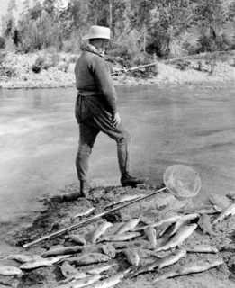 General Anson Stager, part of U.S. President Chester A. Arthur's Expedition Team, fishing at Trout Pond, Yellowstone National Park, Wyoming, USA, Photograph by Frank J. Haynes, 1883