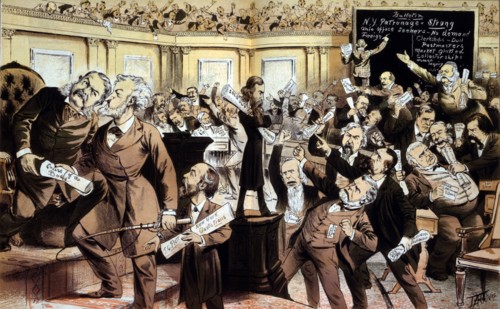 "This is not the New York Stock Exchange, it is the Patronage Exchange, Called U.S. Senate", Political Cartoon Featuring U.S. President Chester A. Arthur, Illustration by James Albert Wales, Puck Maga...