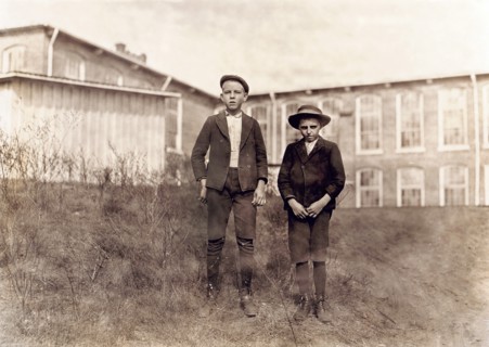 Arthur Shelly (left), 14 years old and Tommy Ashville, about 11 years old, Textile Mill Workers, Full-Length Portrait, Chester, South Carolina, USA, Photograph by Lewis Wickes Hine, November 1908