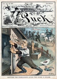 "Shutting the Stable-Door after the Horse is Stolen", Political Cartoon Featuring U.S. President Chester A. Arthur Closing a Door Labeled "Good Administration" to a Stable Labeled "Political Record Ba...