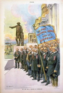"We are not a Nation of Swindlers!", Political Cartoon of a group of people featuring U.S. Presidents Grover Cleveland, William McKinley, and Benjamin Harrison in foreground, with McKinley holding up ...