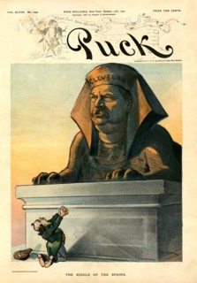 "The Riddle of the Sphinx", Political Cartoon featuring William Jennings Bryan on his Knees appealing to a Sphinx with the face of former President Grover Cleveland, Puck Magazine, Keppler & Schwarzma...