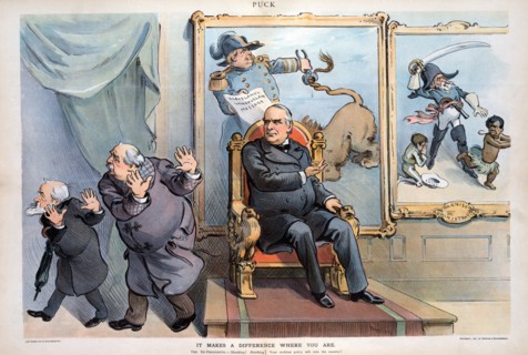 "It Makes a Difference Where you Are", Political Cartoon featuring President William McKinley sitting on Chair with two Paintings Hanging on the Wall Illustrating the Foreign Policies of former Presid...