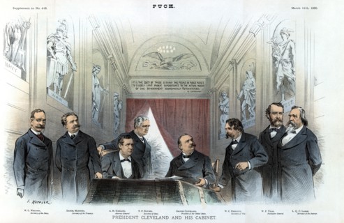 President Cleveland and his Cabinet, L-R: W.C. Whitney, Secretary of the Navy, Daniel Manning, Secretary of the Treasury, A.H. Garland, Attorney-General, T.F. Bayard, Secretary of State, W.C. Endicott...