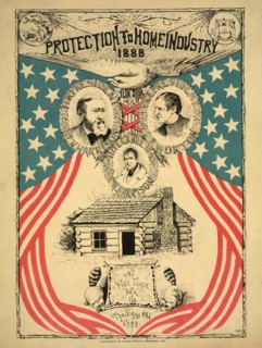 "Protection to home industry 1888", Campaign Poster for 1888 Presidential Election featuring Head and Shoulder Portraits of Benjamin Harrison for President and Levi P. Morton for Vice President, Both ...