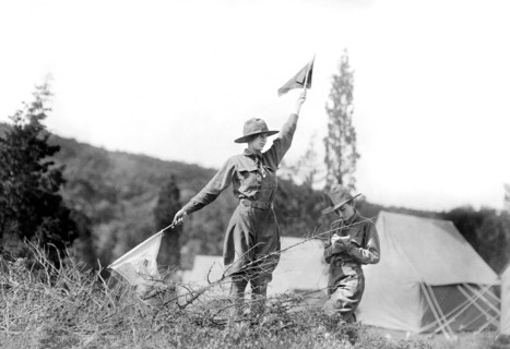 Elizabeth Harrison Walker (r),  daughter of U.S. President Benjamin Harrison and Katherine Dahlgren at Emergency Services Corps camp where young women were trained in shooting, military drills, hiking...