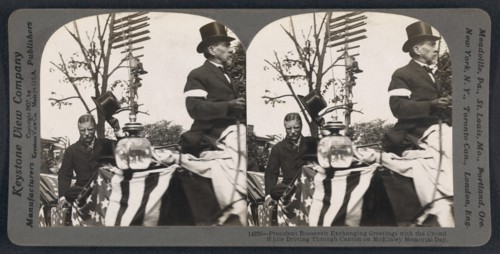 President Roosevelt Exchanging Greetings with the Crowd while driving through Canton on McKinley Memorial Day, Stereo Card, Keystone View Company, September 30, 1907