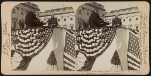Opening Prayer by Dr. Butler with President McKinley and Admiral Dewey, Sword Presentation Ceremony, U.S. Capitol Steps, Washington DC, USA, Stereo Card, Underwood & Underwood, 1899