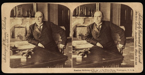 President McKinley at his desk in the White House, Washington DC, USA, Stereo Card, Underwood & Underwood, 1898