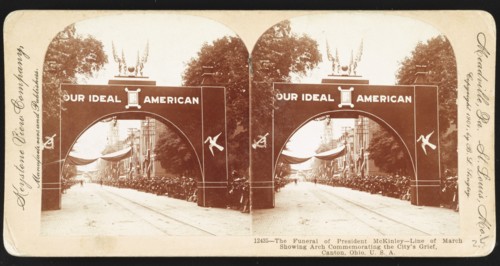 The Funeral of President McKinley, Line of March Showing Arch Commemorating the City's Grief, Canton, Ohio, USA, Stereo Card, Keystone Press Company, September 1901